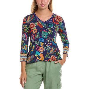 Johnny Was Womens The Janie Favorite 3/4 Sleeve V-Neck T-Shirt, Blue